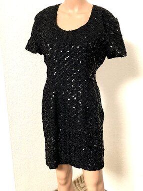 Vintage Caron Petite Black Sequin Lace Sheath Dress USA Scoop Neck